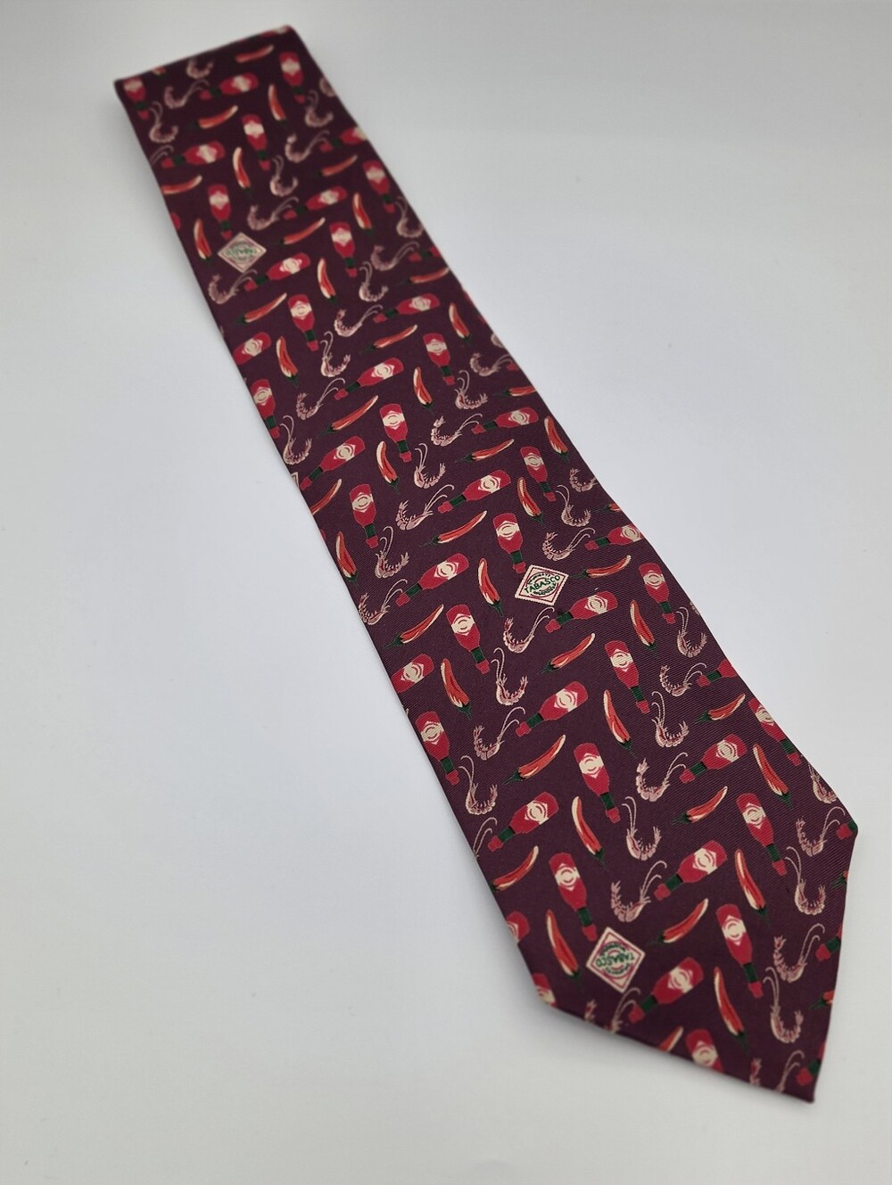 Vintage Tabasco Hot Sauce 100% Silk Tie Burgundy Chili Pepper Novelty Necktie